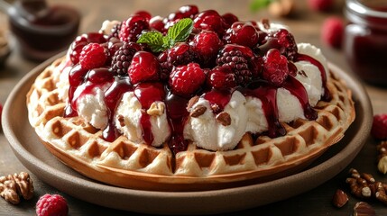 Delicious Waffle with Berries and Ice Cream