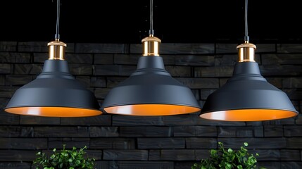 Obraz premium Three matte black pendant lights with a warm gold interior hanging in modern setting, casting soft Industrial and chic design, adding a stylish touch to any contemporary interior space.