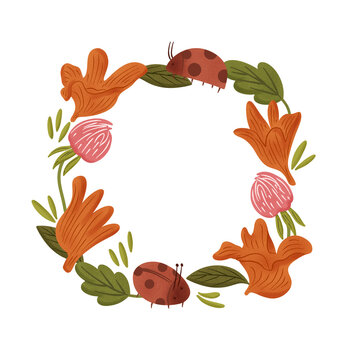 spring floral frame with cute ladybug