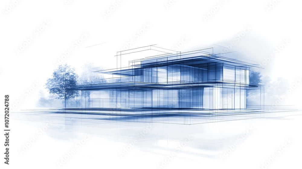 Poster a modern architectural sketch featuring a minimalist building design in blue watercolor with abstrac