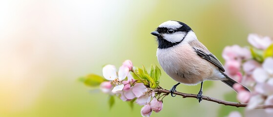 Obraz premium A small bird sitting on a branch with pink flowers