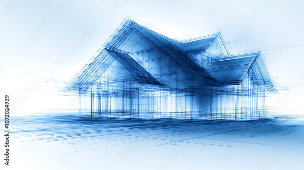 Poster a blue-tinted architectural illustration of a house, showcasing a modern design with a focus on stru