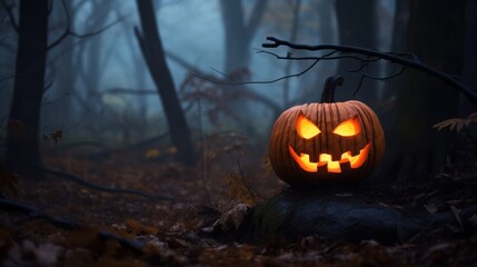 A mischievous Jack-o&rsquo;-lantern glows with a warm light in a shadowy forest, embodying the eerie charm of Halloween night.