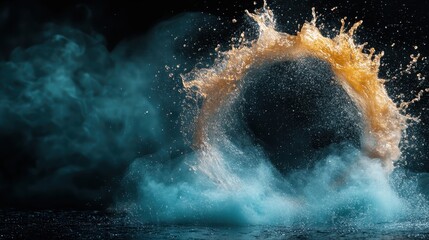 An enchanting image depicting a golden and blue water arc in a dark ambiance, capturing a sense of mystery and elegance through the intricate dance of colors.