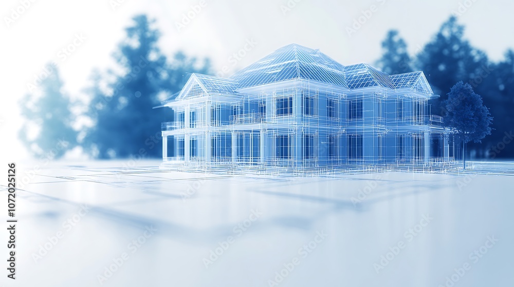 Poster A digitally rendered house design with a transparent and modern aesthetic, surrounded by blurred trees, symbolizing innovation in architecture.