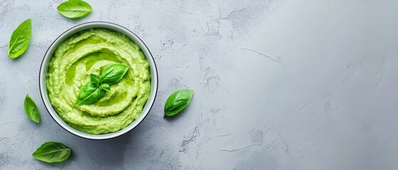 Obraz premium A bowl of guacamole with basil leaves on a gray background