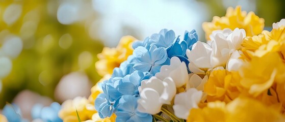 Fototapeta premium A bunch of blue and yellow flowers in a vase