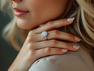 Elegant Detail: Close-Up of Woman's Hand Wearing a Diamond Ring