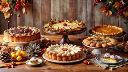 A rustic wooden table set with a delightful assortment of pastries, adorned with festive greenery and berries for a touch of holiday cheer.