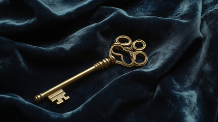 vintage golden key resting on soft velvet fabric, evoking mystery and elegance