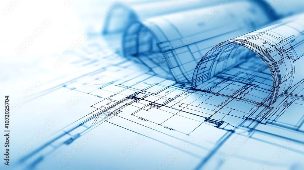 Poster A close-up of architectural blueprints rolled up with detailed lines and grids, conveying a sense of precision and design.