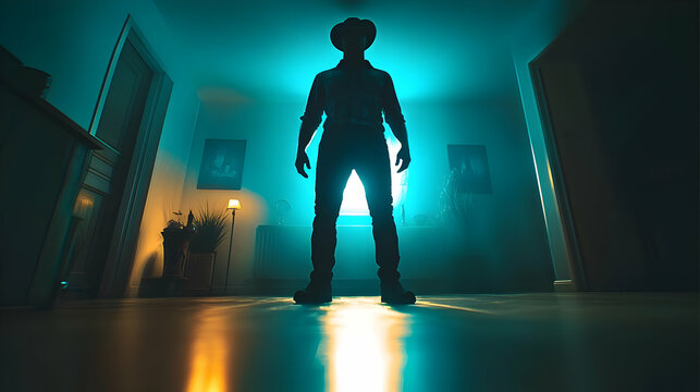 A Silhouette of a Man in a Hat Stands in a Dimly Lit Room with Teal and Yellow Lighting