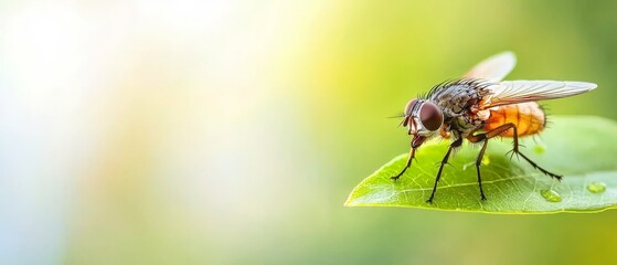 Naklejka premium A fly sitting on top of a green leaf