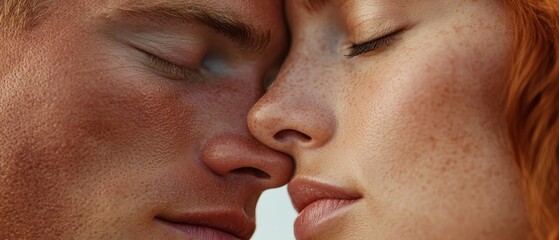 Obraz premium A man and a woman are kissing with their eyes closed