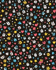 A retro-inspired pixel art seamless pattern featuring tiny, colorful 8-bit characters like robots, hearts, and stars, creating a nostalgic gaming vibe perfect for wallpapers, stationery, or apparel