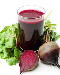 A glass of fresh beetroot juice sits beside a whole beetroot and a halved beetroot with its leafy greens