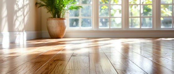 Fototapeta premium A potted plant sitting on a hardwood floor in front of a window