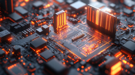 futuristic city skyline glowing with neon lights, set against a circuit board, symbolizing the integration of technology, software, and digital innovation in the modern world