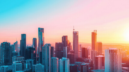 Fototapeta premium vibrant cityscape at sunset, showcasing modern skyscrapers and urban architecture. colorful sky transitions from blue to pink, creating stunning backdrop