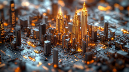 futuristic city skyline glowing with neon lights, set against a circuit board, symbolizing the integration of technology, software, and digital innovation in the modern world