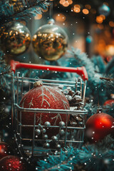 Christmas red bauble in a shopping cart. Christmas shopping in a big shopping mall. Buying presents for winter holidays, pre-holiday shopping frenzy