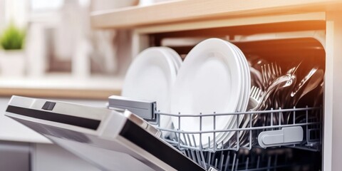 A modern dishwasher with clean plates and glasses, showcasing an efficient, organized kitchen appliance in a bright setting.