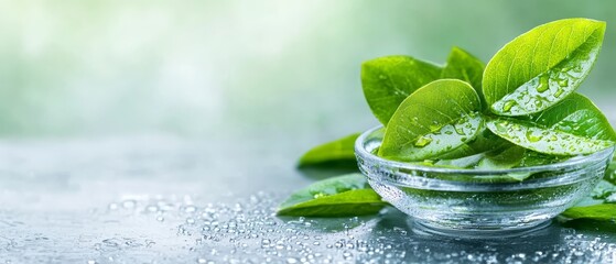 Obraz premium A glass bowl filled with green leaves on top of a table