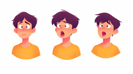 Fototapeta premium Digital Illustration of a Young Boy Expressing Three Different Emotions: Sadness, Surprise, and Excitement