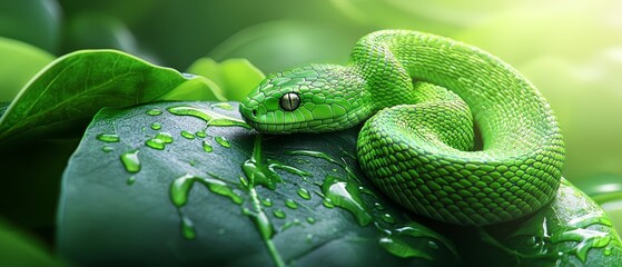 Fototapeta premium A green snake curled up on a leaf with water droplets