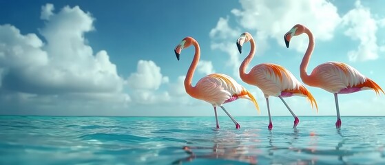 Obraz premium Three pink flamingos are standing in the water