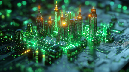 futuristic city skyline glowing with neon lights, set against a circuit board, symbolizing the integration of technology, software, and digital innovation in the modern world