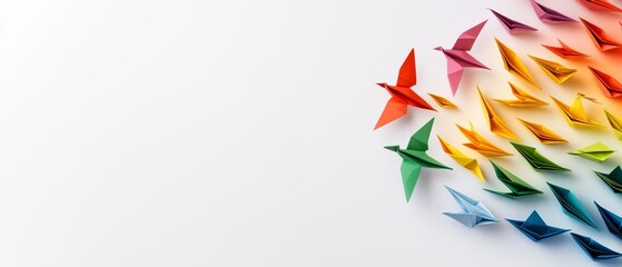 A group of colorful paper cranes flying in the air