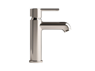 a silver faucet with a white background