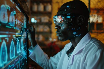 African doctor examining detailed patient data on holographic interface with augmented reality elements, showcases integration cutting-edge medical technology, innovation in diagnostics healthcare.