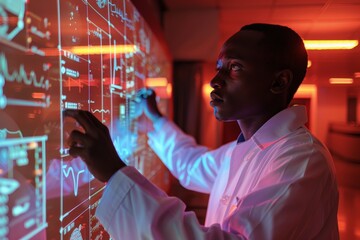 African doctor in white lab coat using holographic medical interface in red-lit room, focused on virtual data, conveys futuristic healthcare environment with high-tech diagnostic tools real-time.