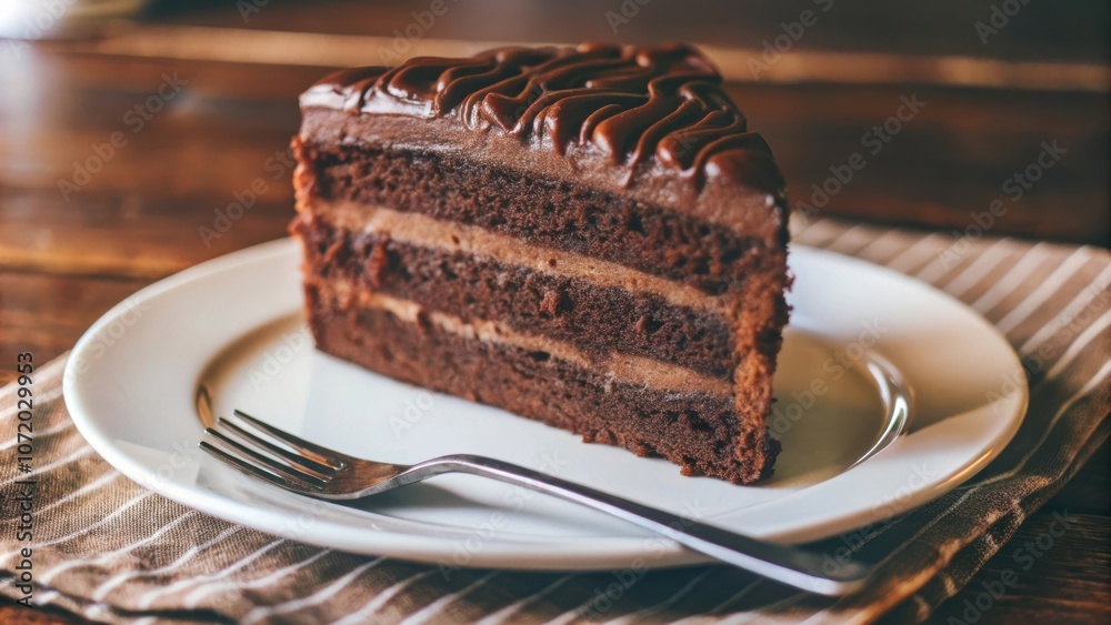 Poster a single slice of chocolate cake, layered with rich frosting, sits on a white plate with a fork besi