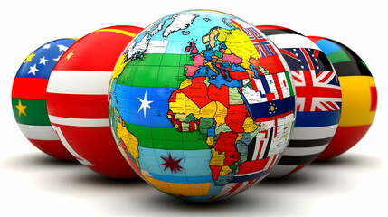 3D Globe Illustration with Surrounding Flags Representing Different Countries