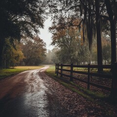 Fototapeta premium Rural Road Through Trees and Fence.