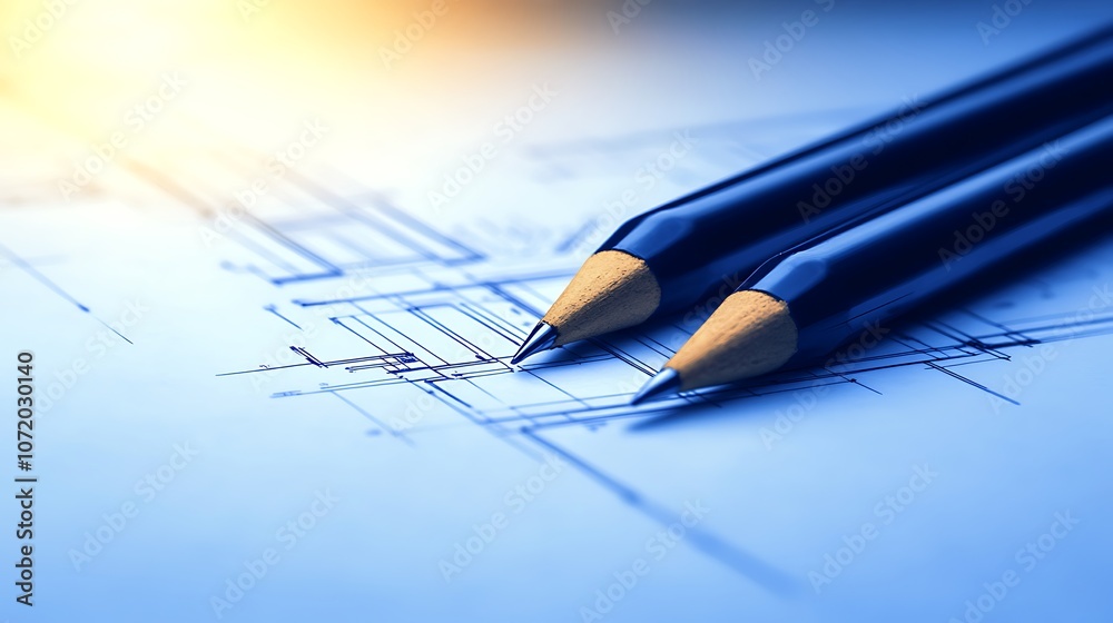 Aufkleber Two pencils are positioned on a technical drawing, highlighting the tools of design and planning in a creative workspace.