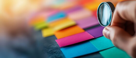 A person holding a magnifying glass over a pile of colorful sticky notes