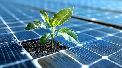 Fototapeta premium A Green Plant Growing Through the Grid of a Solar Panel, Representing the Intertwining of Nature and Technology