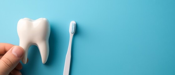 A hand holding a toothbrush next to a tooth model