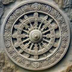 The Buddhist wheel of Dharma, symbolizing the teachings of the Buddha, displayed on an ancient stone.