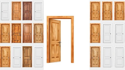 White wooden modern interior door collection set with various open and closed positions isolated on white background, background, collection, set