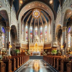 Obraz premium The interior of a Christian church, with a beautifully decorated altar and stained glass windows.