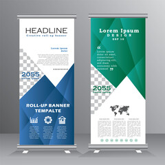 Vertical Business Roll Up Banner Design with blue and green colour, Stand, standee, Vector X-banner and Street Business Flag of Convenience, Layout Background.