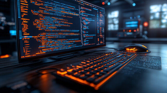 digital background with abstract code symbols, representing advanced technology, innovation, and the intersection of the digital world and human progress. It evokes themes of modernity and complexity