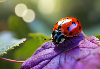 Obraz premium Ladybug on a leaf, close up and detail