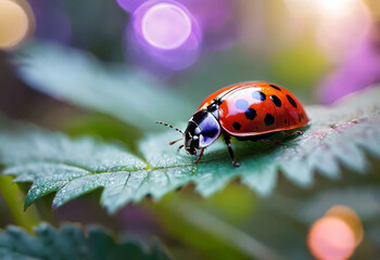 Fototapeta premium Ladybug on a leaf, close up and detail