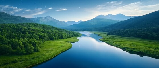 Fototapeta premium A river running through a lush green valley surrounded by mountains